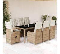 GeenYuu Ensemble de Bistro de Jardin 9 pcs en Poly rotin Beige avec Coussins Blancs crème, Table Verre trempé, fauteuils inclinables et Repose-Pieds pour terrasse Balcon Patio Repas détente