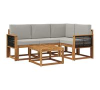 GeenYuu Ensemble de canapé d'extérieur 5 pièces en bois d'acacia massif avec housse en polyester gris clair naturel, résistant aux intempéries, salon modulaire pour jardin, terrasse, avec table et