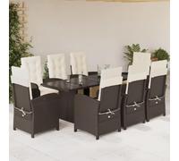 GeenYuu Ensemble de Jardin 9 pièces Marron en Poly rotin avec Coussins Blancs crème, Table Verre trempé 190x80 cm, 8 chaises inclinables Robustes pour terrasse Balcon Patio Repas détente