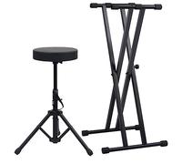 GeenYuu Ensemble de support de clavier à double barre et tabouret noir en acier réglable en hauteur, pliable, siège rond rembourré, idéal pour musiciens, scène, studio et concert