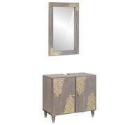 GeenYuu Ensemble Meuble Salle de Bain Gris Mural 2 pcs Bois de manguier Massif avec Miroir Rangement Portes Boutons Laiton Design doré pour lavabo Vasque