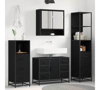 GeenYuu Ensemble mobilier Salle de Bain 4 pcs chêne Noir Bois d'ingénierie avec Armoire Miroir, Colonne, lavabo, Rangement Mural, tiroir, étagère, Porte pour Organiser Serviette cosmétique Toilette