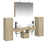 GeenYuu Ensemble mobilier Salle de Bain 6 pcs chêne Sonoma avec Meuble lavabo Vasque Miroir LED Double Face Rangement Mural Armoire tiroir Porte Suspendu Design Fonctionnel
