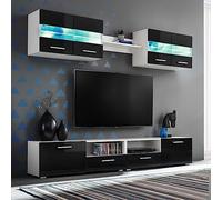 GeenYuu Ensemble Mural Meuble TV 5 pièces Noir Brillant avec éclairage LED Bois d'ingénierie métal Verre pour Salon séjour Rangement multimédia Design Moderne Industriel