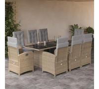 GeenYuu Ensemble Salon Jardin 9 pcs Beige Poly rotin avec Coussins Gris Clair, Table 190x80 cm Verre trempé, 8 chaises inclinables avec Assise et Dossier réglables pour terrasse Balcon Patio détente