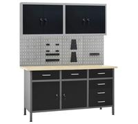 GeenYuu Établi atelier garage noir avec 4 panneaux muraux 2 armoires 6 tiroirs à roulement à billes, 160 x 60 x 85 cm, charge 500 kg pour bricolage rangement outil mécanique