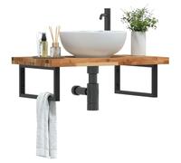 GeenYuu Étagère de Vasque Murale Acier Noir et Bois Massif d'acacia 60x50 cm avec Support rectangulaire pour Salle de Bain Rangement sous évier Colonne Placard tiroir Suspendu