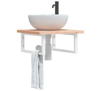 GeenYuu Étagère de Vasque Murale en Acier Blanc et Bois Massif de hêtre 50x50 cm pour Meuble lavabo Salle Bain, Rangement sous évier, Colonne Placard, Espace buanderie, Support Suspendu Pratique