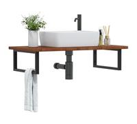 GeenYuu Étagère de Vasque Murale en Acier et Bois de chêne Massif Marron foncé 100 x 50 cm avec Support rectangulaire Noir pour Salle de Bain, Rangement sous évier et Espace lavabo optimisé