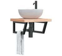 GeenYuu Étagère de Vasque Murale en Acier Noir et Bois Massif de hêtre 50x50 cm, Support trapèze Robuste pour Salle de Bain, Rangement Suspendu sous évier, organise Serviettes et Accessoires