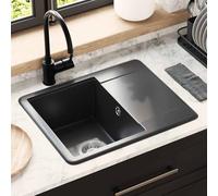 GeenYuu Évier noir encastrable 560 x 460 mm en quartz et résine, bac rectangulaire pour cuisine, buanderie, atelier, résistant aux rayures et à la chaleur, avec vidage siphon inclus
