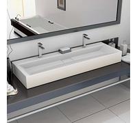 GeenYuu Lavabo en fonte minérale blanc 120x46x11 cm avec 2 trous de robinet, vasque suspendue ou de comptoir, idéal pour salle de bain, toilette, buanderie, meuble sanitaire