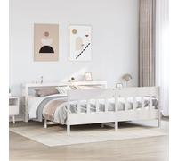 GeenYuu Lit en bois massif, sans matelas, blanc, 200 x 200 cm, en bois de pin, cadre de lit robuste, avec tête de lit et espace de rangement, pour chambre à coucher, durable