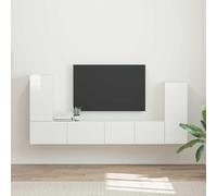 GeenYuu Lot de 4 meubles TV en bois blanc brillant avec espace de rangement, gestion des câbles et étagère murale, meuble multimédia moderne pour salon, chambre à coucher, home cinéma et console de