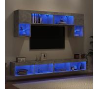GeenYuu Lot de 6 meubles de salon avec éclairage LED, gris béton, bois d'ingénierie, montage mural, meuble multimédia, design moderne pour salon