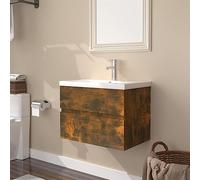 GeenYuu Meuble de lavabo avec lavabo encastré, chêne fumé, 60 x 38,5 x 45 cm, meuble de salle de bain avec tiroir et espace de rangement, montage mural pour salle de bain, WC d'invités, avec fonction