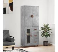 GeenYuu Meuble haut gris béton 69,5 x 34 x 180 cm en bois avec pieds en métal - Grand espace de rangement - Pour salon, couloir, bureau - Commode étroite - Design moderne