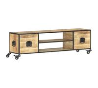GeenYuu Meuble TV 130 x 30 x 39 cm en bois massif de mangue avec roulettes, 2 étagères et 2 tiroirs, style industriel, support TV universel pour salon