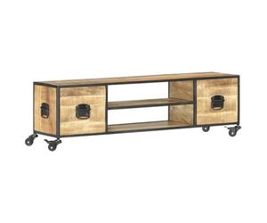 GeenYuu Meuble TV 130 x 30 x 39 cm en bois massif de mangue avec roulettes, 2 étagères et 2 tiroirs, style industriel, support TV universel pour salon