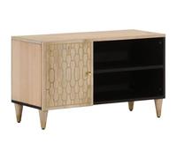 GeenYuu Meuble TV 80 x 31 x 46 cm, en bois massif de mangue, sculpté à la main, support multimédia robuste pour le salon, table TV polyvalente avec espace de rangement