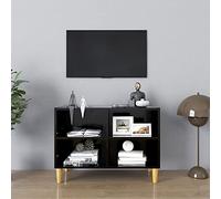 GeenYuu Meuble TV avec pieds en bois massif noir, 69,5 x 30 x 50 cm, style scandinave, 4 compartiments, robuste, universel, pour salon, rangement multimédia