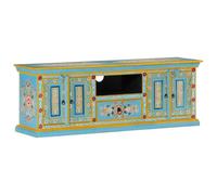 GeenYuu Meuble TV bleu, 110 x 30 x 40 cm, bois massif manguier peint à la main, avec compartiments, design rétro, support TV universel, idéal pour le salon, support TV de table robuste