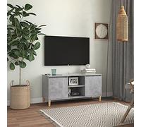 GeenYuu Meuble TV gris béton 103,5 x 35 x 50 cm avec pieds en bois massif d'eucalyptus - Buffet de style scandinave pour salon - Table multimédia stable avec 2 étagères et 2 compartiments - Support TV