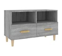 GeenYuu Meuble TV gris Sonoma - 80 x 36 x 50 cm - En bois - Avec 2 tiroirs, 2 compartiments - Pieds en bois massif d'eucalyptus - Meuble TV moderne pour salon - Support TV stable