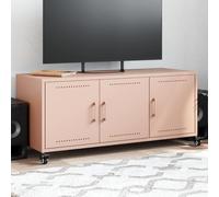 GeenYuu Meuble TV rose 100,5 x 39 x 43,5 cm, en acier robuste, avec 3 portes, console multimédia avec roulettes, support TV universel pour salon