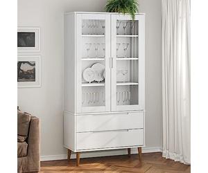 GeenYuu MOLDE Armoire vitrine blanche 90 x 35 x 175 cm en pin massif laqué UV Étagère avec portes en verre Étagère pour salon, bureau