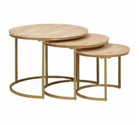 GeenYuu Nesting Lot de 3 tables basses rondes en bois de manguier massif et acier marron pour salon, design industriel moderne, peu encombrant, avec espace de rangement flexible et étagère