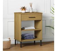 GeenYuu Oslo Armoire console en pin massif avec pieds en métal marron 50 x 35 x 70 cm, 1 tiroir, 2 compartiments ouverts, armoire de couloir moderne pour salon et chambre à coucher