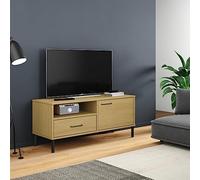GeenYuu Oslo Meuble TV marron en pin massif avec pieds en métal 106 x 40 x 46,5 cm avec tiroir et porte, pour salon, meuble TV moderne