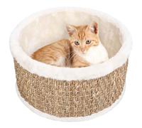 GeenYuu Panier pour Chat Rond 36 cm Beige en Peluche et herbiers Marins, Couchage Confortable léger et Robuste, Accessoire pour Repos, Jeu, griffoir et Escalade intérieur Appartement