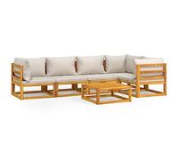 GeenYuu Salon de jardin 6 pièces en bois d'acacia massif avec coussins gris clair, composé d'un canapé d'angle, d'un canapé central et d'une table basse, ensemble de meubles d'extérieur résistant aux