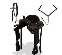 GeenYuu Selle western en cuir véritable avec licol assorti et plaque de poitrine 40,6 cm - Noir - Pour cheval et poney - Avec sangle et étrier - Ergonomique et confortable pour l'équitation et les