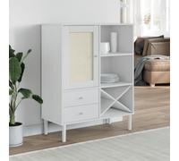 GeenYuu SENJA Buffet haut aspect rotin blanc, 90 x 40 x 112 cm, en pin massif laqué UV, commode avec tiroirs, armoire de rangement étroite pour salon