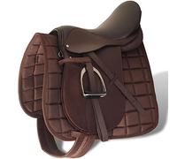 GeenYuu Set de Selle équitation Cuir véritable 17,5 Pouces Brun 5 en 1 avec Tapis, étriers, étrivière et Sangle 125 cm pour Cheval Poney randonnée Dressage Saut équilibre