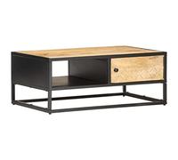 GeenYuu Table Basse à Porte sculptée en Bois de manguier Brut 90x55x36 cm, Meuble d’appoint avec Rangement, Niche Ouverte, Style Industriel pour Salon séjour canapé