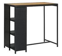 GeenYuu Table de bar avec étagère noire 120 x 60 x 110 cm, poly rotin, plateau en bois d'acacia, table de bistrot robuste pour jardin, cuisine, salle à manger