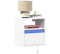 GeenYuu Table de chevet murale avec éclairage LED, en bois blanc, 41 x 31 x 45 cm, avec tiroir et compartiment, meuble moderne pour chambre à coucher, peu encombrant