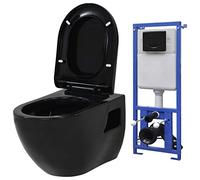 GeenYuu WC suspendu avec chasse d'eau encastrée - En céramique - Noir - Abattant à fermeture douce - Sans bord de chasse d'eau - Kit de montage pour salle de bain - WC d'invités