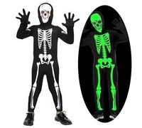 GEERDAN Costume Squelette Enfant, Deguisement Halloween Enfant, Costume Squelette Glow in the Dark avec Masque et Gants, Déguisement Squelette Enfant pour Halloween Carnaval Cosplay (M 110-120CM)