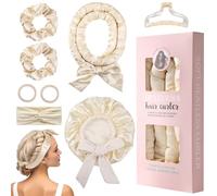 GeeRic Bigoudis sans Chaleur 8 PCS, élastiques à Cheveux Satin sans chaleur + Bonnet Douche + Bandeaux + Pinces à Cheveux, Éponge Souple Résistante pour Réaliser Facilement Beige