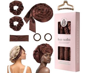 GeeRic Bigoudis sans Chaleur 8 PCS, Elastiques à Cheveux Satin sans Chaleur + Bonnet Douche + Bandeaux + Pinces à Cheveux, Éponge Souple Résistante pour Réaliser Facilement - Marron