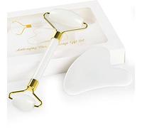 GeeRic Jade Roller&Gua Sha Scraping Massage Tool, Quartz anti-âge 100% naturel Ensemble de pierres de jade pour le visage - Rajeunir la peau et éliminer les rides Blanc