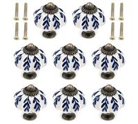 Geesatis Lot de 8 boutons de tiroir en céramique bleu et blanc, en forme de citrouille vintage avec motif de feuille, 3,3 cm pour commode, placard, meubles de bricolage, vis de montage incluses