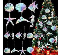 Geetery Lot de 15 décorations de sapin de Noël sur le thème de l'océan - Décorations de Noël colorées soufflées à la main - Poisson rouge - Méduse - Dauphin - Hippocampe - Étoile de mer - Ornements à