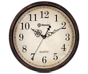 Geevon Horloge Murale Vintage silencieuse, Horloge Murale analogique à Quartz décorative à Piles pour Chambre à Coucher, Salon, Cuisine, Bureau (Rétro Marron foncé, 30 cm)