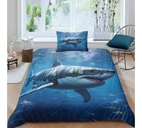 GEEYOU Great White Shark Housse De Couette Motif Imprimé Megalodon Parure De Lit Microfibre avec Fermeture Éclai Linge De Lit avec Taies d'oreiller Doux Et Souple Comfort Cover Single（135x200cm）